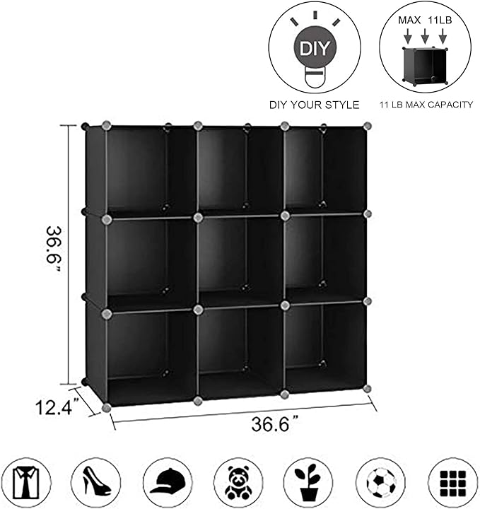 C&AHOME Cube Storage, 9-Cube BookShelf, Plastic Closet Cabinet Organizer, DIY Stackable Bookcase, Modular shelving Units Ideal for Home, Office, Kids Room, 36.6" L x 12.4" W x 48.4" H Black SHS3009A