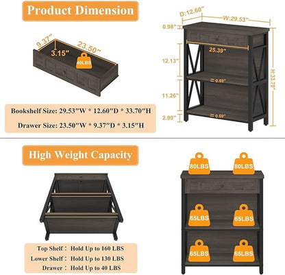 FATORRI Rustic Bookshelf with Drawer, Industrial Wood and Metal Bookcase, Small Book Shelf and Low Book case for Small Space (Walnut Brown)