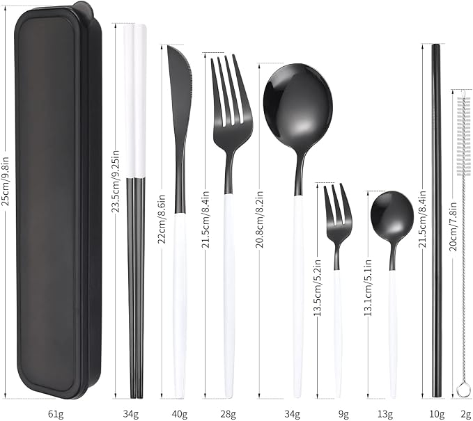 AARainbow 8 Pieces Stainless Steel Flatware Set Portable Reusable Cutlery Set Travel Utensils Set Including Chopsticks Knife Fork Spoon Straws Cleaning Brush Dishwasher Safe (White black)