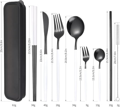 AARainbow 8 Pieces Stainless Steel Flatware Set Portable Reusable Cutlery Set Travel Utensils Set Including Chopsticks Knife Fork Spoon Straws Cleaning Brush Dishwasher Safe (White black)