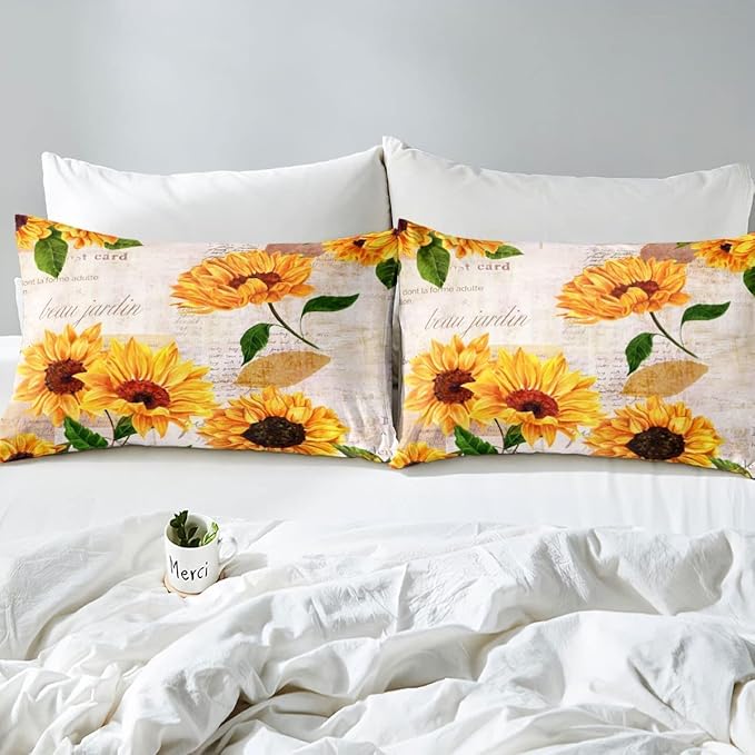 Girls Sunflowers Comforter Set Twin Size Retro Yellow Sunflower Bedding Set for Kids Teens Women Botanical Flowers Duvet Insert Vintage Floral Letters Down Comforter Kids Bedding Set, 2 Pieces