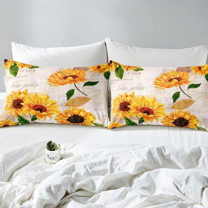 Girls Sunflowers Comforter Set Twin Size Retro Yellow Sunflower Bedding Set for Kids Teens Women Botanical Flowers Duvet Insert Vintage Floral Letters Down Comforter Kids Bedding Set, 2 Pieces