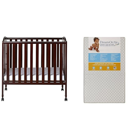3 in 1 Portable Folding Stationary Side Crib with Dream On Me 3 Portable Crib Mattress, White