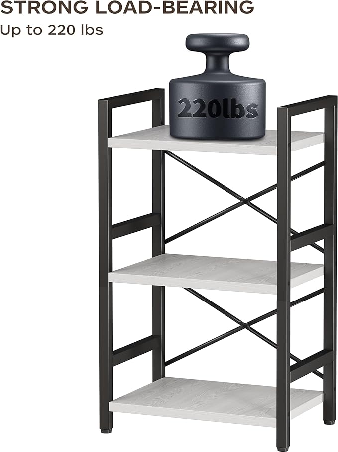 Bookshelf, 3 Tier Industrial Bookcase, Metal Small Bookcase, Rustic Etagere Book Shelf Storage Organizer for Living Room, Bedroom, and Home Office(White) Patent Pending D29873033