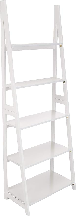 Amazon Basics Modern 5-Tier Ladder Bookshelf Organizer, Solid Rubberwood Frame, White, 14 D x 24.8 W x 70.1 H in