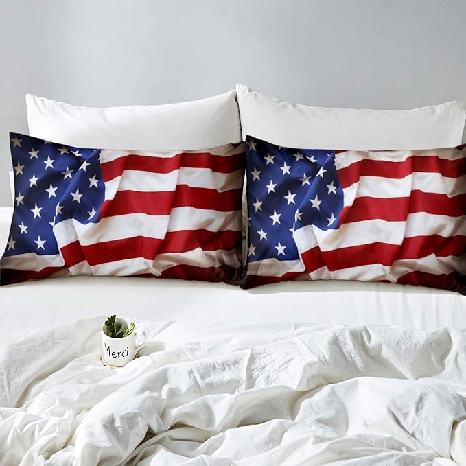 Erosebridal American Flag Comforter Set, United States Down Comforter Queen Size for Kids Boys Teens, USA Federations Stars Bedding Set Geometric Stripes Quilted Duvet for Bedroom, Blue White and Red