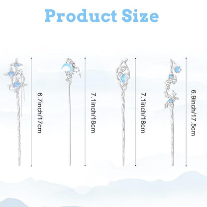 8 Pcs Star Moon Hair Sticks Chinese Hanfu Asian Hair Chopsticks Metal Silver Hair Bun Updo Holders for Women Accessories Long Hair