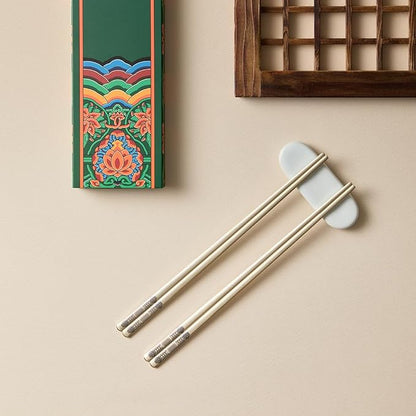 Korean Metal Chopsticks 2 Pairs, Matte Gold Stainless Steel Chopsticks with Two-Tone Dancheong Laser Engraving, Reusable Dishwasher Safe Gift Set