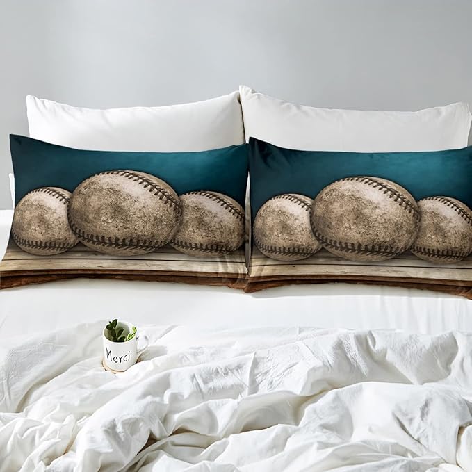 Erosebridal Teens Baseball Comforter Set Twin,Kids Retro Grunge Baseball Bedding Set for Boys Bedroom,Sports Games Bedding Comforter Set Teal Vintage Wooden Board Quilt Duvet Sets 1 Pillow Case