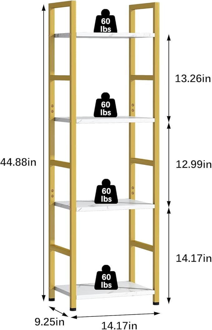 4 Tier Bookshelf, Small Book Shelf Industrial Bookcase, Metal Narrow Book Case Book Storage Organizer,Bookshelves for Bedroom Office Living Room(4 Tier,Gold)