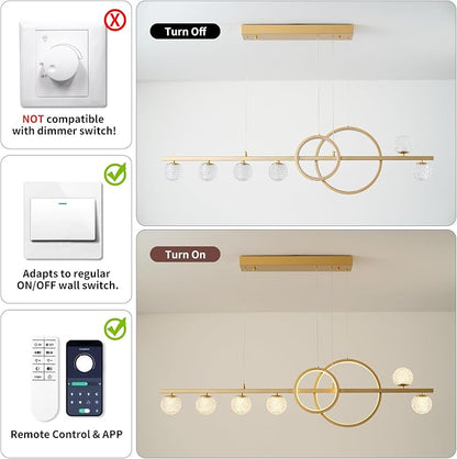 ORANOOR Modern Gold Chandeliers Pendant Light, 47in Dimmable LED Chandelier | Linear Gold Pendant Light for Kitchen Island Dining Room, 6 Globe Hanging Pendant Chandelier Lighting Fixture, 2 Rings 4200lm