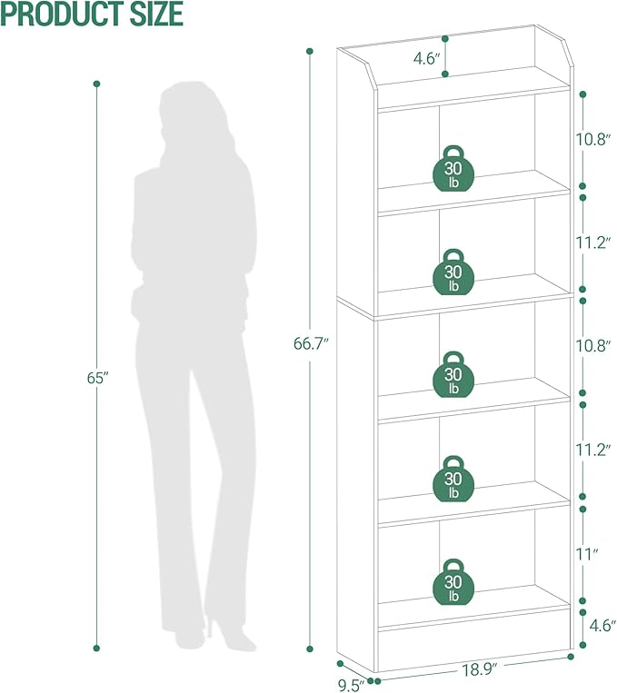 6-Tier Bookshelf, 66.7 Inches Floor Standing Bookcase, Display Storage Shelf, Corner Shelf, Home Decor Furniture for Home Office, Living Room, Bedroom, Black 02904XBC