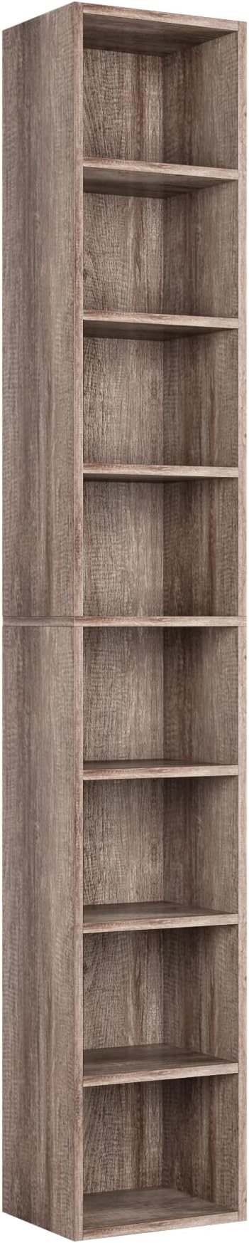 FOTOSOK 8-Tier Media Tower Rack, 11.6 X 9.3 X 70.9 Inches CD DVD Slim Storage Cabinet with Adjustable Shelves, Tall Narrow Bookcase Display Bookshelf for Home Office, Oak