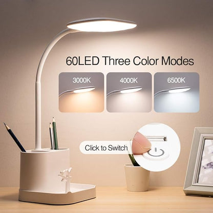 Desk Lamps for Home Office, 3 Light Colors Dimmable Desk Light Led Desk Lamp with Charger, Battery Operated Desk Lamp for Desk, Study Lamp with Pen & Phone Holder,White Led Desk Lamps for Home Office