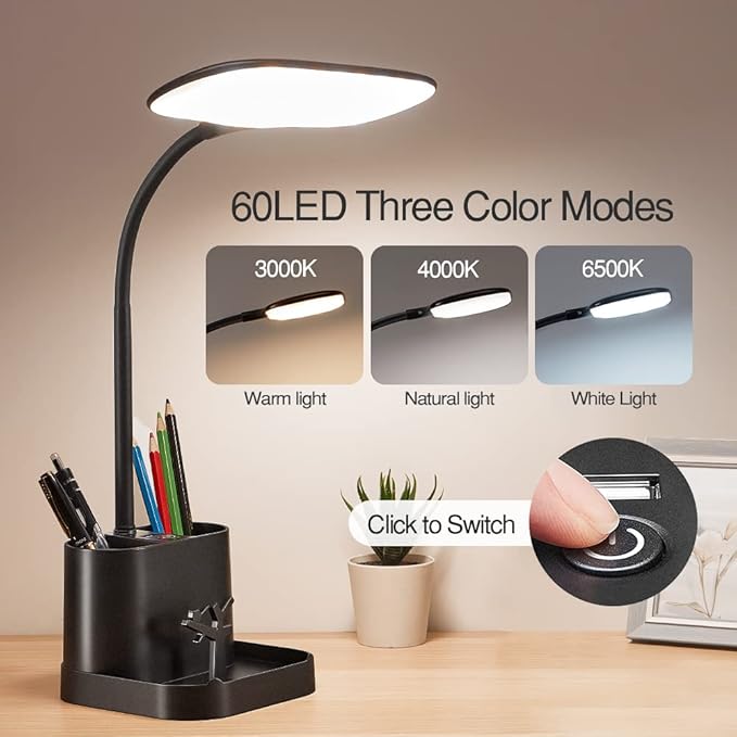 Mubarek Desk Lamps for Office Lamp 8W+3 Light Colors, USB Rechargeable & Dimmable Office Desk Lamp with USB Charging Port, 60LED+150Lumen LED Desk Lamps for Home Office Lamp LED Desk Light with Pen