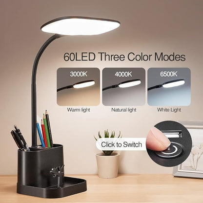 Mubarek Desk Lamps for Office Lamp 8W+3 Light Colors, USB Rechargeable & Dimmable Office Desk Lamp with USB Charging Port, 60LED+150Lumen LED Desk Lamps for Home Office Lamp LED Desk Light with Pen