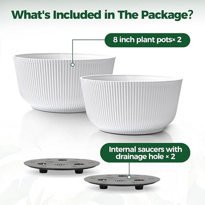 T4U 8 Inch Self Watering Pots for Indoor Plants, 2 Pack Plant Pots, Durable Plastic Self Watering Planter for Indoor Plants (2 Pack, 8", White)