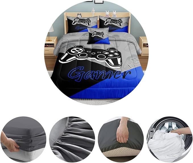 5 Pieces Bed in A Bag Gamer Bedding Set for Boys Kids Gaming Comforters Set,Gamer Bed in a Bag Complete with Comforter Set Sheets Flat Sheet Pillowcase,DJT5002Twin Size