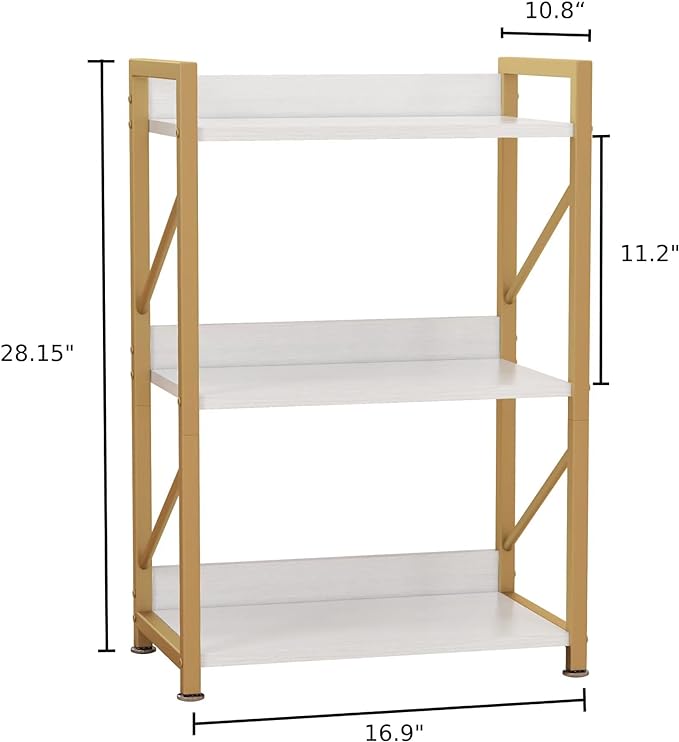 Small Bookshelf for Small Spaces, 3 Tier Bookcase, Narrow Gold Book Shelf, Small Shelf Open Display Rack for Bedroom, Living Room, Home Office,White&Gold