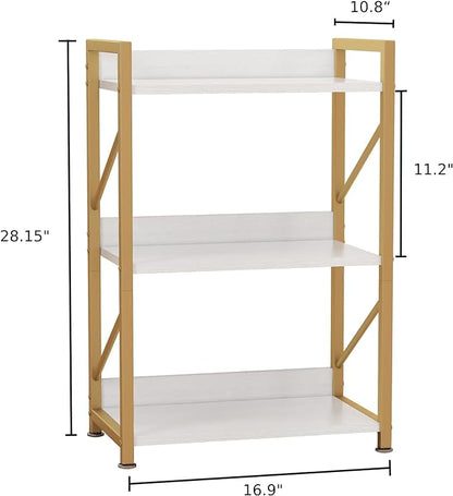 Small Bookshelf for Small Spaces, 3 Tier Bookcase, Narrow Gold Book Shelf, Small Shelf Open Display Rack for Bedroom, Living Room, Home Office,White&Gold
