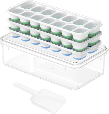 ChefAide Ice Cube Tray with Lid and Bin, 3 Packs 42 Cubes Silicone Plastic Ice Cube Trays for Freezer, Stackable Ice Tray with Container, Ice Scoop for Drinks, Coffee and Cocktails