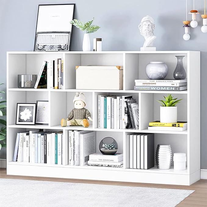 IOTXY Open Shelf Low Bookcase - Wooden 3-Tier Floor Standing Display Cabinet Organizer with Base, 10 Cubes Short Horizontal Bookshelf in Warm White
