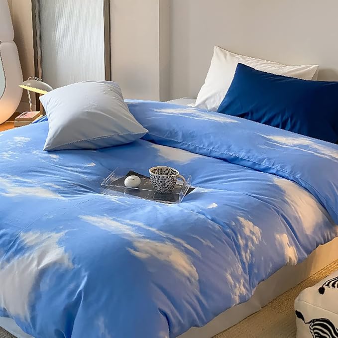 Cotton Blue Cloud Comforter Set Full Size Sky Blue Comforter Cotton 3 Pieces Soft Light Blue Full Comforter Bedding Set Boys Girls Solid Blue Full Bed Comforter Set for All Season as Gift