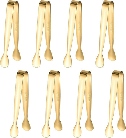 8PCS Gold Mini Metal Tongs, 4.3" Stainless Steel Tiny Tong, Small Kitchen Accessories for Serving Food, Ice, Sugar Cube, Salad, Toaster, Desserts