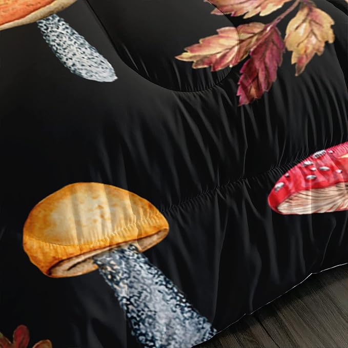 Colorful Mushroom Comforter Set Full Size Kids Mushroom Bedding Set Leaves Quilt Bed Set for Boys Girls Adults with 1 Comforter and 2 Pillowcases