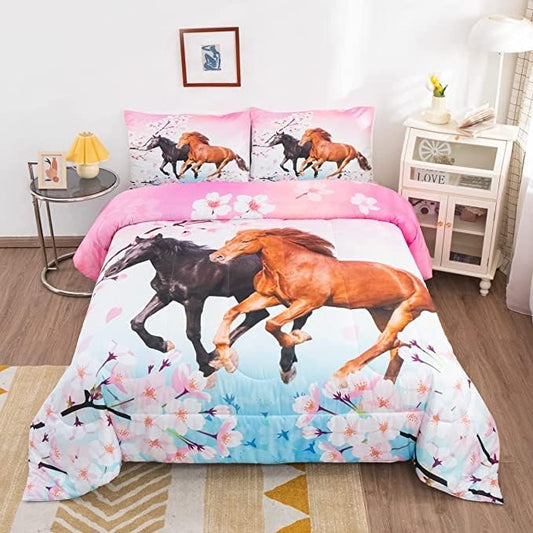 Feelyou Kids Horse Comforter Set for Girls King Size Chic Cherry Blossom Bedding Set for Horse Lover Gift Galloping Horse Printed Comforter 3D Wild Animal Duvet Set Bedroom Decor Quilt Set 3Pcs