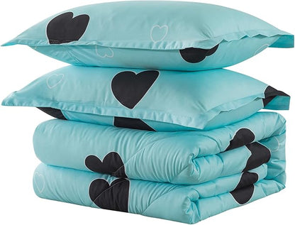 Love Pattern Girls Comforter Set Full Size, Sky Blue Cute Love Heart Print Comforter Bedding Set for All Seasons, Geometric Soft Microfiber 3 Pieces Comforter Set with Pillowcases