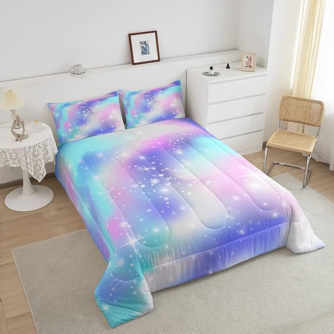 Erosebridal Ombre Comforter Rainbow Comforter Set Twin Tie Dye Galaxy Duvet Set Nebula Bedding Starry Sky Quilt Set Pastel Stars Glitter Bedding Set Purple Blue Bedroom Decorative Down Alternative