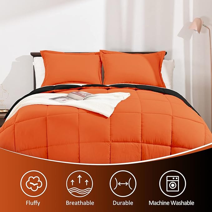 Basic Beyond Queen Comforter Set - Fluffy Comforter Queen Set for All Seasons - Reversible Orange Comforter Set Queen for Mens - 3 Pieces (1 Comforter + 2 Pillow Shams) - Orange/Black