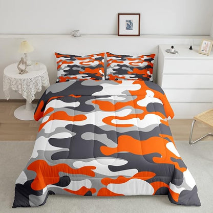 Feelyou Full Size Camouflage Comforter Set 3Pcs Kids Bedding Set for Boys Girls Teens 1 Comforter & 2 Pillowcases(Full,Orange)