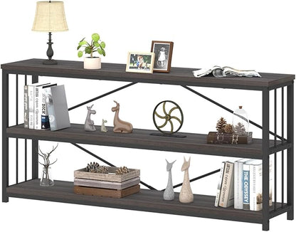IBF Wood and Metal Book Shelf, Industrial Rustic Low 3 Tier Bookshelf, Farmhouse Long Wide Vintage Horizontal Bookcase, Modern Large Open Etagere for Home Office Living Room Bedroom, Gray Oak, 63 Inch