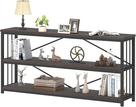 IBF Wood and Metal Book Shelf, Industrial Rustic Low 3 Tier Bookshelf, Farmhouse Long Wide Vintage Horizontal Bookcase, Modern Large Open Etagere for Home Office Living Room Bedroom, Gray Oak, 63 Inch