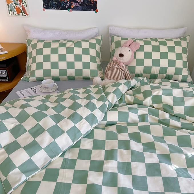 Wellboo Green White Plaid Comforter Sets King Women Men Sage Green Checkerboard Grid Bedding Comforters Cotton Boys Girls Modern Grass Green and White Checkered Geometric Quilts Luxury Abstract Bed