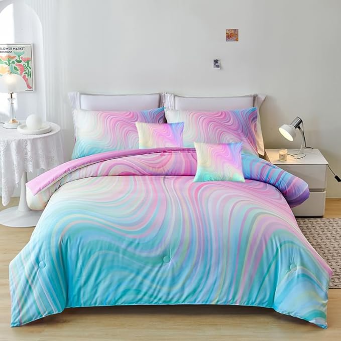 7PCS Girls Comforter Sets Twin,Pink Comforter,Girls Bed Sets Twin,Bed in a Bag with Flat Sheet and Fitted Sheet,Pillowcases,Cushions for Girls,Pink Twin Bedding Sets