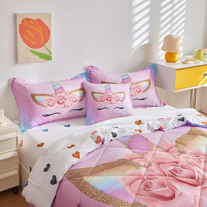 ADASMILE A & S Twin Unicorn Comforter Sets for Girls 6 Pieces Pink Floral Unicorn Bedding Set with Colorful Cute Love Heart Sheets Twin for Girls Unicorn Bed in a Bag Comforter for Home Decor