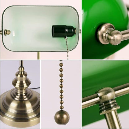 Newrays Glass Bankers Desk Lamp with Pull Chain Switch Plug in Fixture (Green)