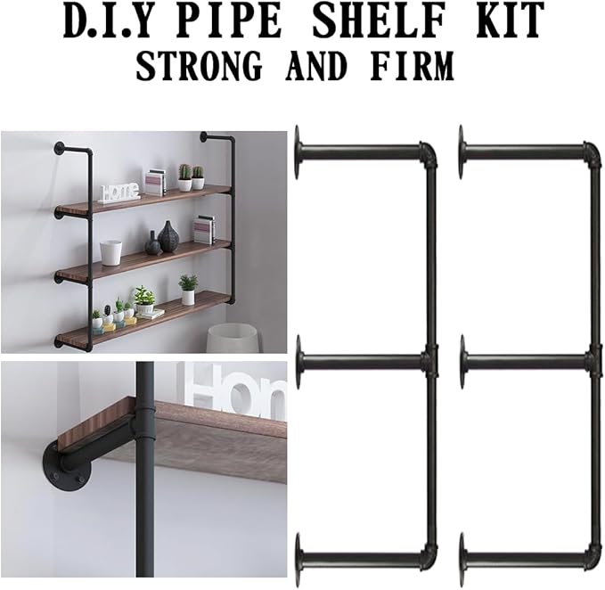 HITOMEN Industrial Iron Pipe Shelves, 2 Set 3-Tier, 28" Tall, 12" Depth, DIY Open Bookshelf Bookcase, Wall Mounted Vintage Retro Shelving, Rustic Farmhouse Pantry Kitchen Storage, Black Shelf Brackets