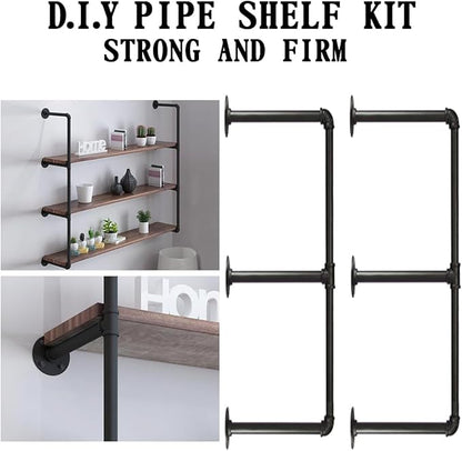 HITOMEN Industrial Iron Pipe Shelves, 2 Set 3-Tier, 28" Tall, 12" Depth, DIY Open Bookshelf Bookcase, Wall Mounted Vintage Retro Shelving, Rustic Farmhouse Pantry Kitchen Storage, Black Shelf Brackets