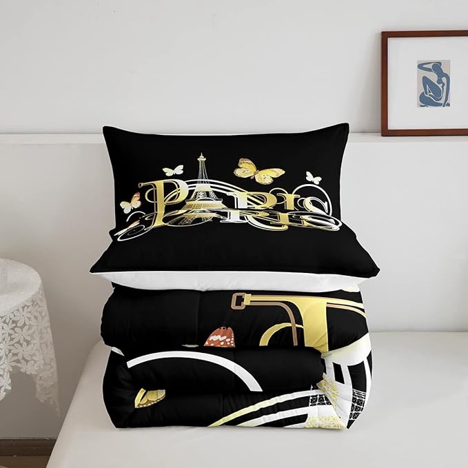 Feelyou Eiffel Tower Comforter Chic Paris Bedding Set for Kids Boys Girls Butterfly Paris Cityscape Printed Comforter Set Modern French Duvet Set Golden Black Decor Quilt King Size Boys