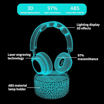 3D Headphone Night Light,3D Headset Illusion Lamp with 16 Colors Changes and Remote Control,Bedroom Decor, Table Lamp for Family, Friends