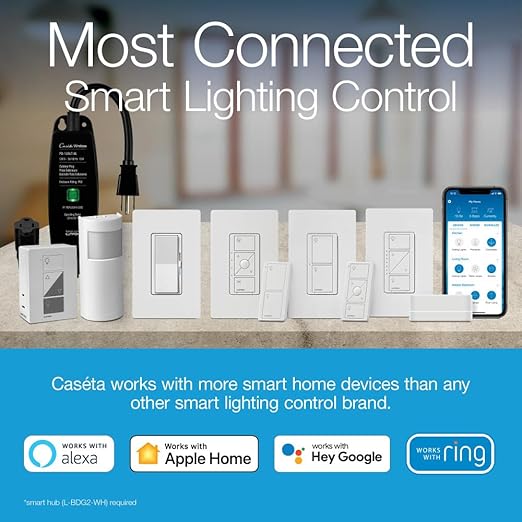 Lutron Caseta Smart Lamp Dimmer 3-Way Kit and Pico Remote, for Floor and Table Lamps, for Dimmable LED Lights, 100 Watt, Single-Pole/3-Way, P-PKG1P-WH