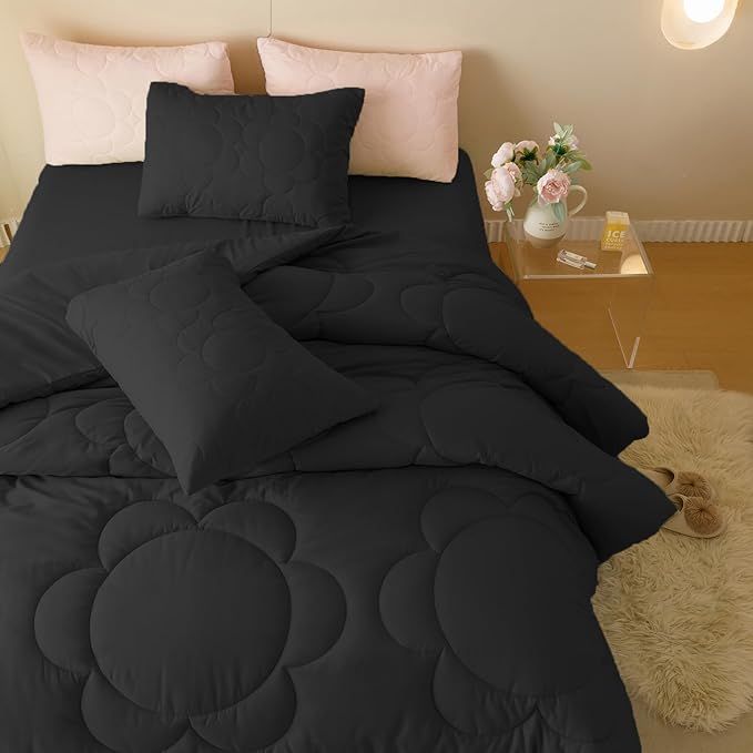 Black Flower Comforter Twin Black Flower Print Bed Twin Comforter Set 3 Pieces Dark Black Floral Comforter Set for Boys Girls Teens Bedroom Decor All Season Hotel Quality Comforter Set
