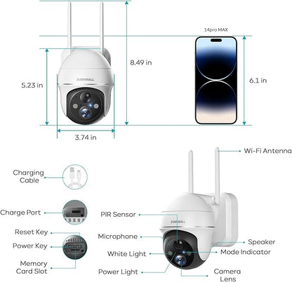 ZUMIMALL 5MP Security Cameras Wireless Outdoor, Solar Security Camera Outdoor with 360° PTZ, Battery Powered Camera for Home Security Outside, Color Night Vision/2.4G WiFi/2-Way Talk/IP66/AI Detection