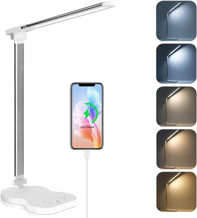 Led Desk Lamp with USB Charging Port, 5 Lighting Colors & 10 Brightness Reading Lamp, Foldable Dimmable LED Desk Light, 3000-6500K, Violin Shape Lamp Desk Lamps for Home Office-White