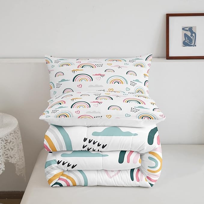 Erosebridal Rainbow Bedding Set for Kids Girls, Pink Love Heart Comforter Set Full Size Cartoon Cloud Geometric Stripes Bedding Comforter for Boys Children Women Watercolor Art Girly Duvet Sets