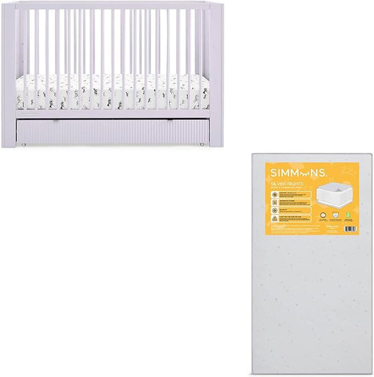 Delta Children Cassie 4-in-1 Convertible Crib with Underdrawer, Lilac + Simmons Kids Silver Nights Dual Sided 2-Stage Baby Crib Mattress (Bundle)